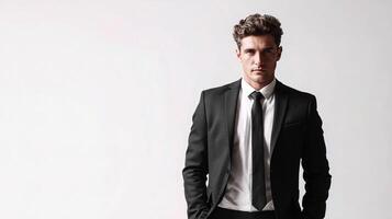 A man in a suit and tie standing in front of a white wall photo