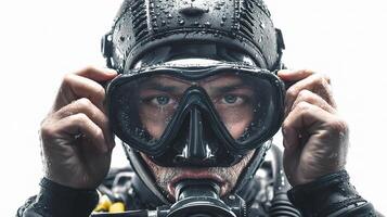 A man in a scuba suit holding a mask photo