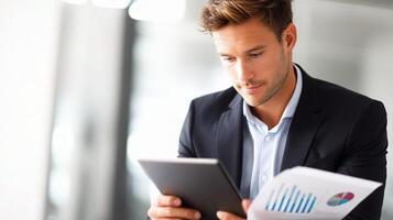 A man in a suit is looking at a tablet computer photo