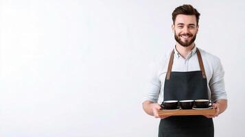 A man in an apron holding a tray with coffee cups photo