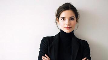 A woman in a black suit and turtle neck sweater photo