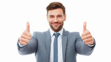 A man in a suit and tie giving the thumbs up photo