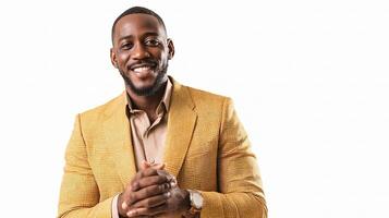 A man in a yellow suit is smiling photo