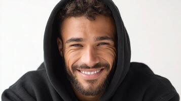A man with a black hoodie smiling photo