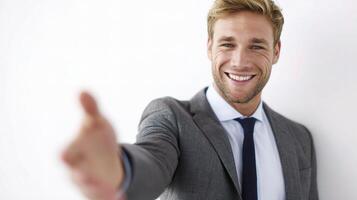A smiling man in a suit is pointing at something photo