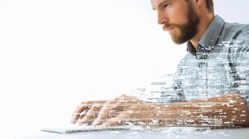 A man is typing on a laptop computer photo