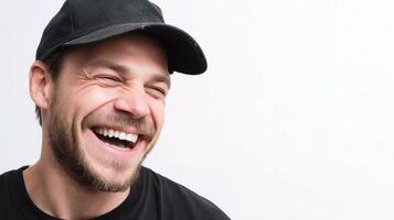 A man is laughing and wearing a black hat photo