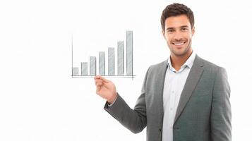 A man in a suit holding a graph chart photo