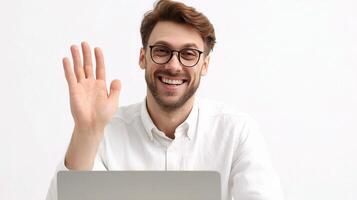 A man with glasses and a white shirt is waving photo