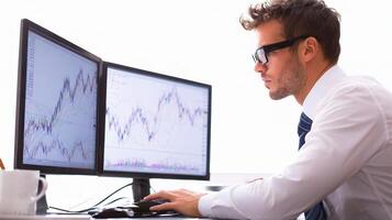 A man wearing glasses is looking at two computer screens photo