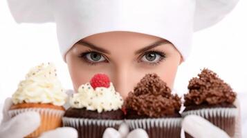 A woman in a chef hat holding up four cupcakes photo