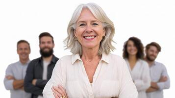 A woman with a group of people behind her photo