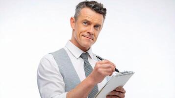 A man in a vest holding a clipboard and pen photo