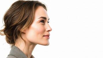 A woman in a business suit looking off to the side photo