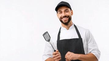 A smiling male chef holding a spatula photo