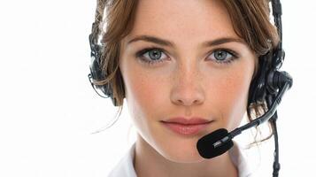 A woman wearing a headset and speaking into a microphone photo
