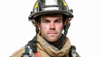 A man in a fireman's uniform is looking at the camera photo