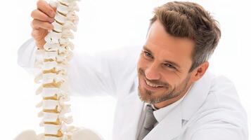 A man in a lab coat is holding up a model of the spine photo