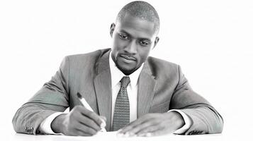 A black man in a suit writing on a piece of paper photo