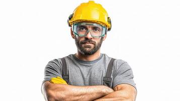 A man in a hard hat and safety glasses photo