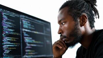 A man with dreadlocks looking at a computer screen photo