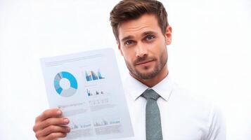 A man in a shirt and tie holding a piece of paper with graphs on it photo