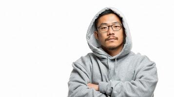 A man in a hoodie and glasses photo