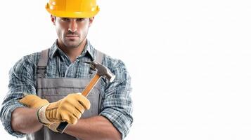 A man in a hard hat and overalls holding a hammer photo