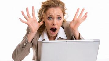 A woman with her hands up in front of a laptop photo
