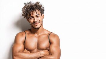 un sin camisa hombre con Rizado pelo posando para el cámara foto