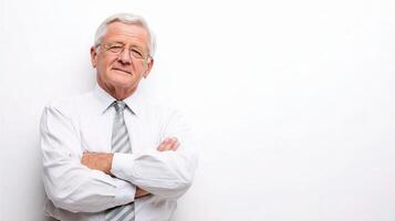 An older man with glasses and a tie standing in front of a white wall photo