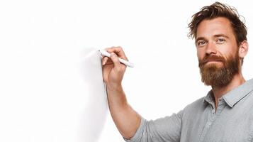 A bearded man with a white marker writing on a white board photo