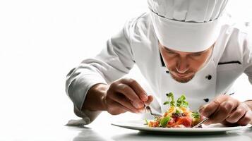 A chef is preparing food on a plate photo