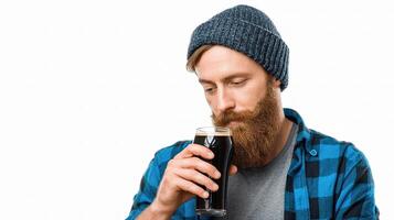 A man with a beard and a hat is drinking a beer photo