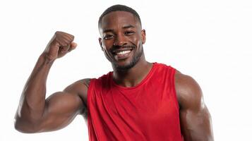 A man in a red shirt is showing off his muscles photo