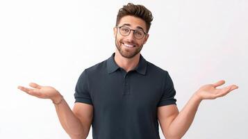 A man with glasses and a black shirt is holding something photo