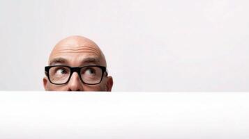 A bald man with glasses peeking over a white wall photo