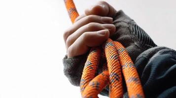 A person holding an orange rope with their hand photo