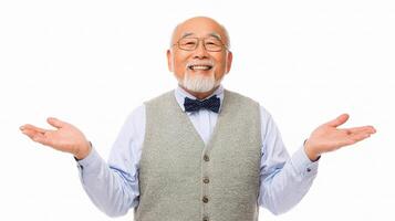 An old man with a beard and bow tie is standing with his hands out photo