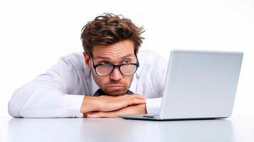 A man wearing glasses and a shirt is sitting on a table with his laptop photo