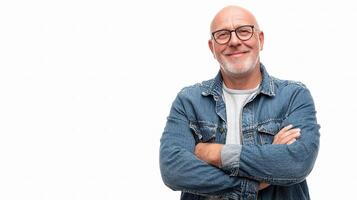A bald man with glasses and a denim jacket photo