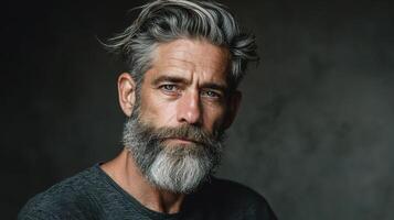 A man with a grey beard and a grey shirt photo