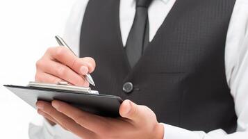 A man in a suit and tie holding a clipboard photo