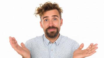 A man with a beard and a shirt is making a face photo