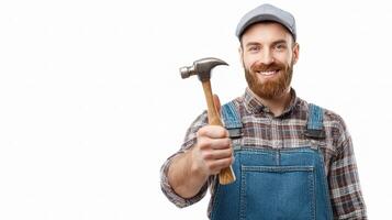 A man with a beard and overalls holding a hammer photo