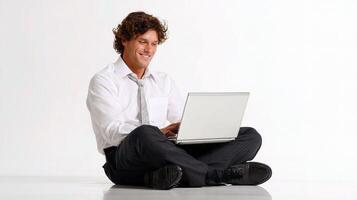 A man in a white shirt and tie sitting on the floor with a laptop photo