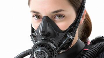 A woman wearing a scuba mask and breathing apparatus photo