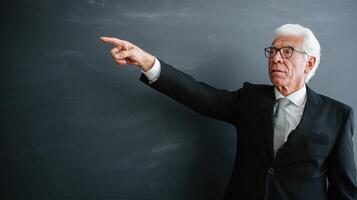An older man in a suit pointing at a chalkboard photo