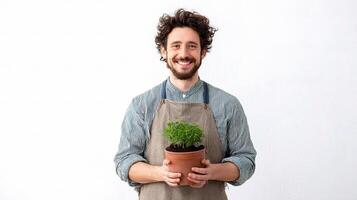 A man in an apron holding a potted plant photo