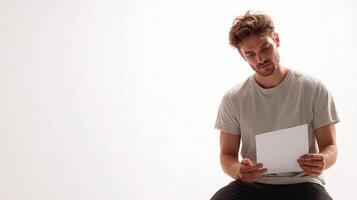 A man is sitting on the floor holding a piece of paper photo
